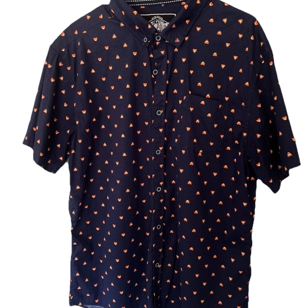 Five Point Retro Men's  Navy Blue All Over Bear Head  Button Up dress Shirt Xl